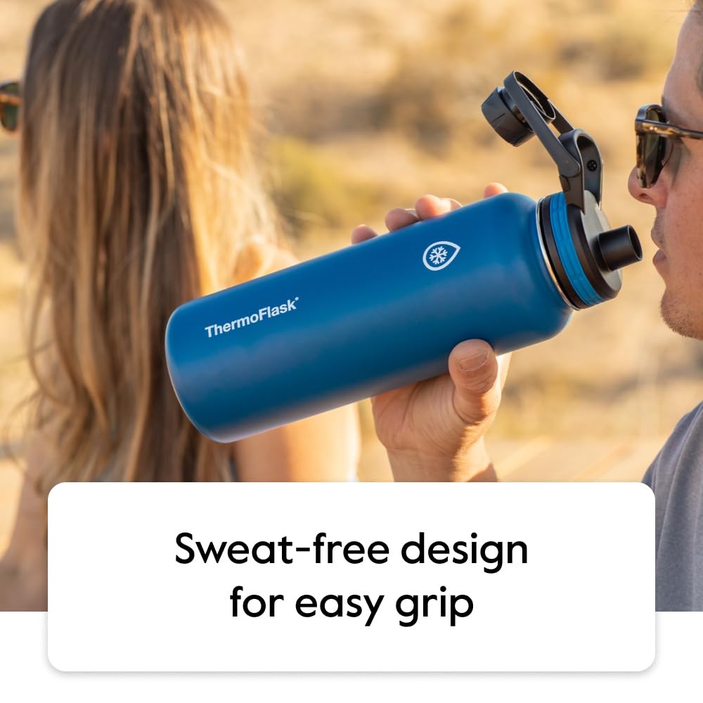 ThermoFlask Stainless Steel Water Bottles 2-Pack - Double-Wall Vacuum Insulated 24 oz BPA-Free Spout Lids - Keeps Drinks Cold 24 Hrs, Hot 12 Hrs - Leakproof, Dishwasher Safe, Mayan Blue/Black