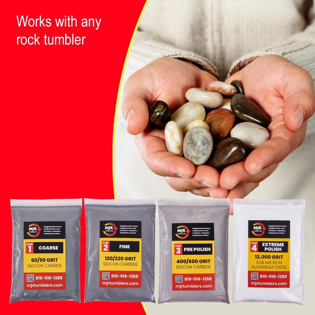MJR Tumblers Rock Tumbler Grit Kit Refill for 15lb Tumblers, 4 Step Silicon Carbide & 12,000 Grit Aluminum Oxide Polish, Stone Polishing Kit for Rotary & Vibratory Rock Tumblers