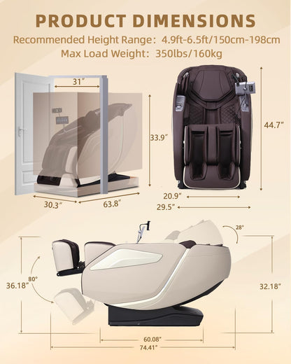 RelaxRelife Full Body Zero Gravity Massage Chair with Body Scan 4D Intelligent Shiatsu Strecth Massage, Back/Leg Heated with AI Voice Control Bluetooth Speaker Airbags SL Track Massage Coffee