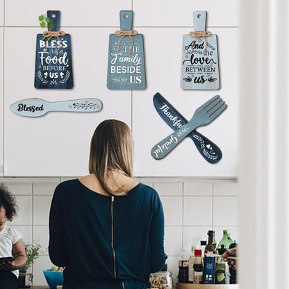 PH PandaHall 6pcs Kitchen Wall Decor Bless Food Sign Set Wall Table Accessories Wooden Pendant Decorations Mini Plaque Fork Spoon Shape Sign Rustic Style Home Dector Blue, 11x5.5 inch/11.8x2 inch