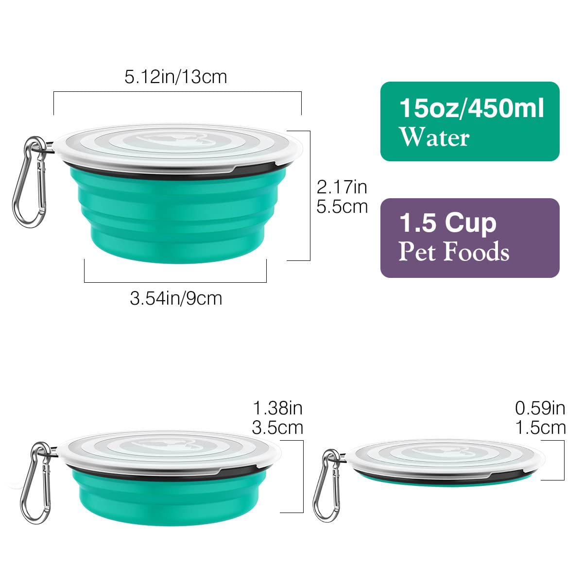 Pawaboo Collapsible Dog Bowls 2 Pack, Silicone Feeding Watering Bowls with Lids & Carabiners for Dogs Cats, Portable Collapsable Water Feeder Food Bowl for Walking Traveling Home Use, VioletTurquoise
