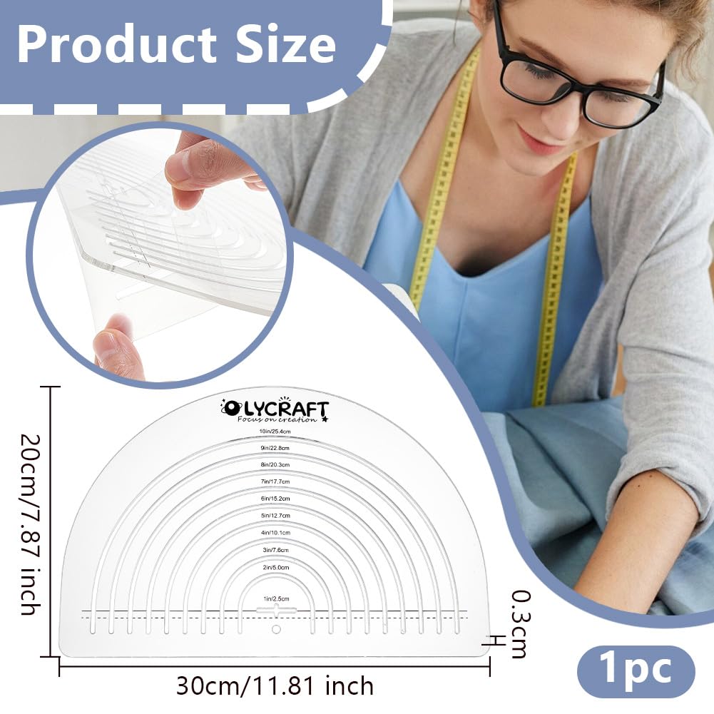OLYCRAFT Circle Acrylic Ruler for Cutting Fabric Clear Acrylic Templates 11.8x7.9 Inch Circle Cut Ruler Multifunctional Sewing Rulers Curve Ruler Quilting Tool for Quilting Sewing Supplies-0.3cm Thick