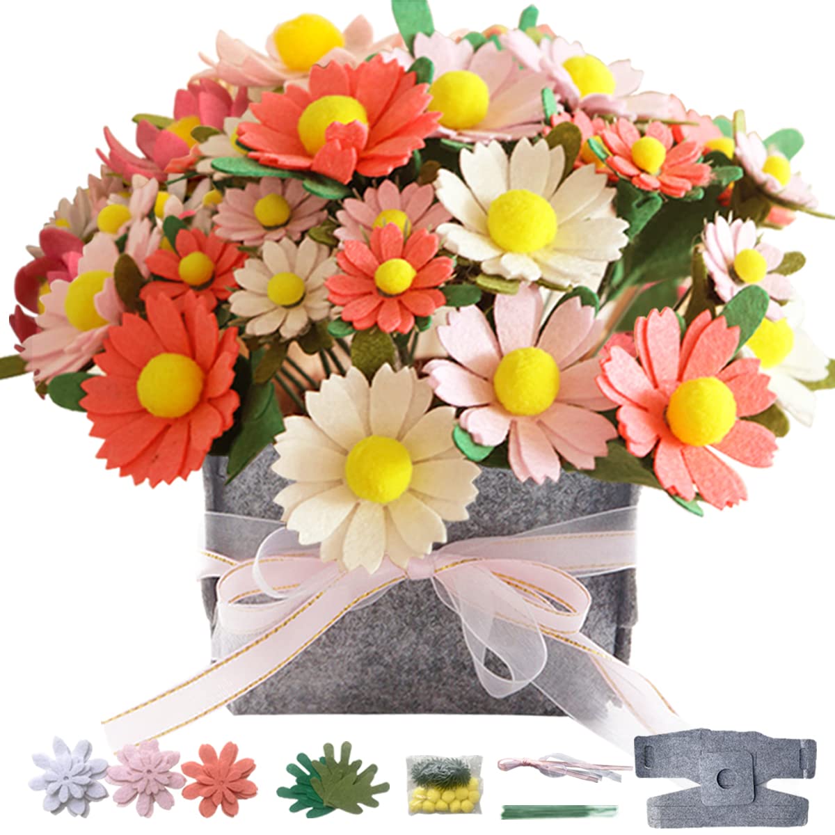 BAZIMA DIY Felt Flower Art Craft Kit, DIY Daisy Bouquet Kit, Floral Gifts, Beginner Craft Kit, Arrange Pre-Cut Flowers and Foliage