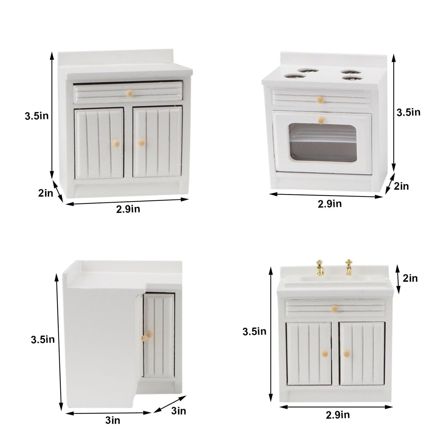 Miniature Furniture Dollhouse Kitchen Cabinets Set 1:12 Scale Wooden Model Freely Combined 4PCS Mini House Accessories Furnishings Kit Decoration Gift (White)