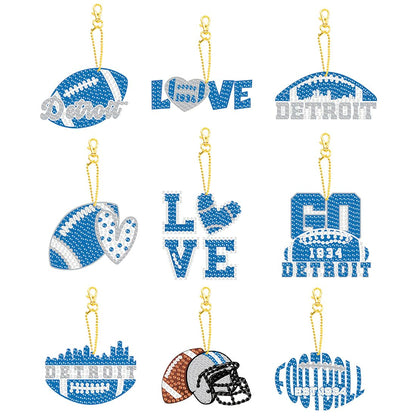 Rertcioph 9 Pcs Football Diamond Painting Kits DIY Double Sided Diamond Art Keychains Hanging Ornament Kits Fans Gift for Detroit Art Craft