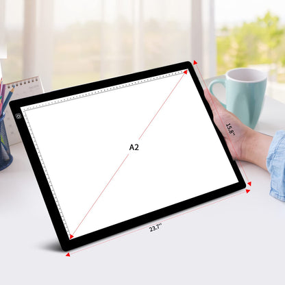 TOHETO A2 Artist Tracing Light Pad with 2 Clips, 12V2A Adapter Power Stepless Dimmable Brightness Large Artcraft Light Box Copy Board for Diamond Painting Weeding Vinyl Tattoo Drawing (23.7''x15.8'')