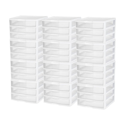 Sterilite 12-Pack Wide 3 Drawer Unit, Plastic Desktop Organizer with Clear Drawers, White Frame - Stackable Multi-Purpose Storage for Office Supplies, Craft Rooms, Classrooms and Home Organization