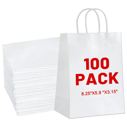 LIHOMR Gift Bags 8.25" x5.9 x3.15 100Pcs White Kraft Paper Bag with Handles for Small Business Christmas Bulk, Wedding, Party Favor, Shopping, Lunch, Halloween Trick-or-Treat Bags