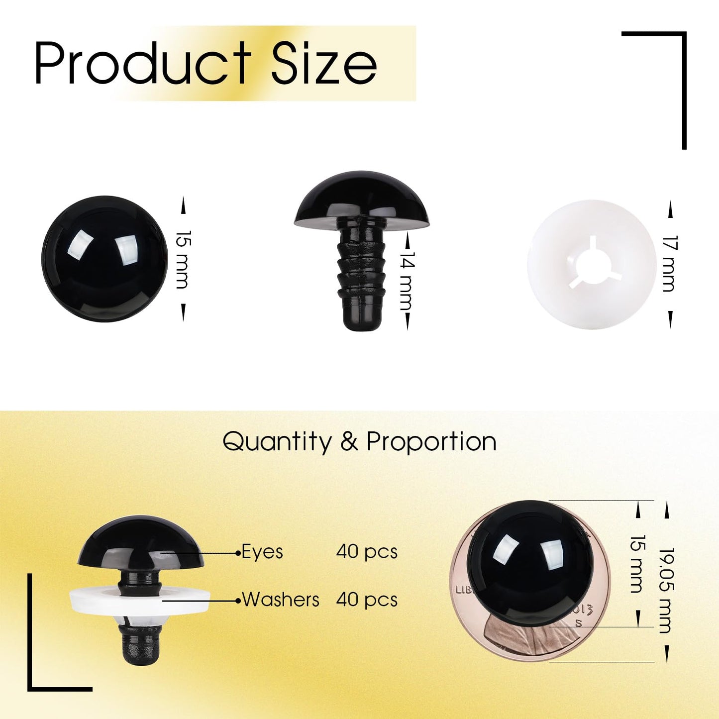 Vanblue Upgraded Safety Eyes for Crocheting 15mm 40pcs Scratch-Resistant Black Crochet Eyes with Eco-Friendly Washer Snap on Easily and Securely Strong Amigurumi Eyes Smooth Edges for Stuffed Animals