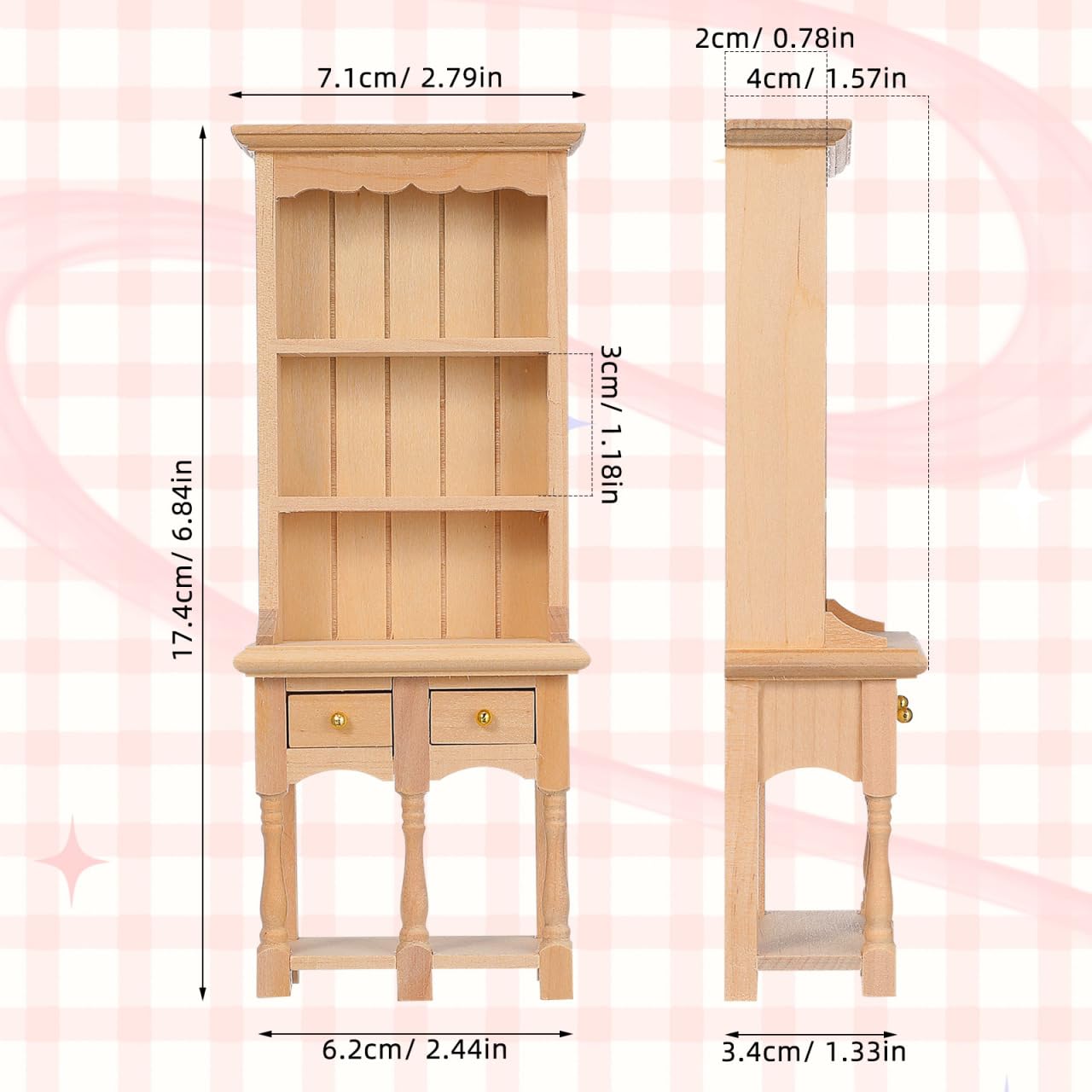 NUOBESTY 1:12 Scale Dollhouse Bookshelf, Miniature Wooden Cabinet with Drawers, Mini Display Shelf for Doll House Furniture Accessories, Tiny Library Study Room Decor Model