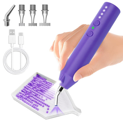 Jzzuau Electric Diamond Painting Pen with LED Light, Cordless Diamond Art Pens Accessories 4-Heads No Wax Rechargeable Automatic E-Painter Tools for Adults DIY Kit Beginners (Purple)