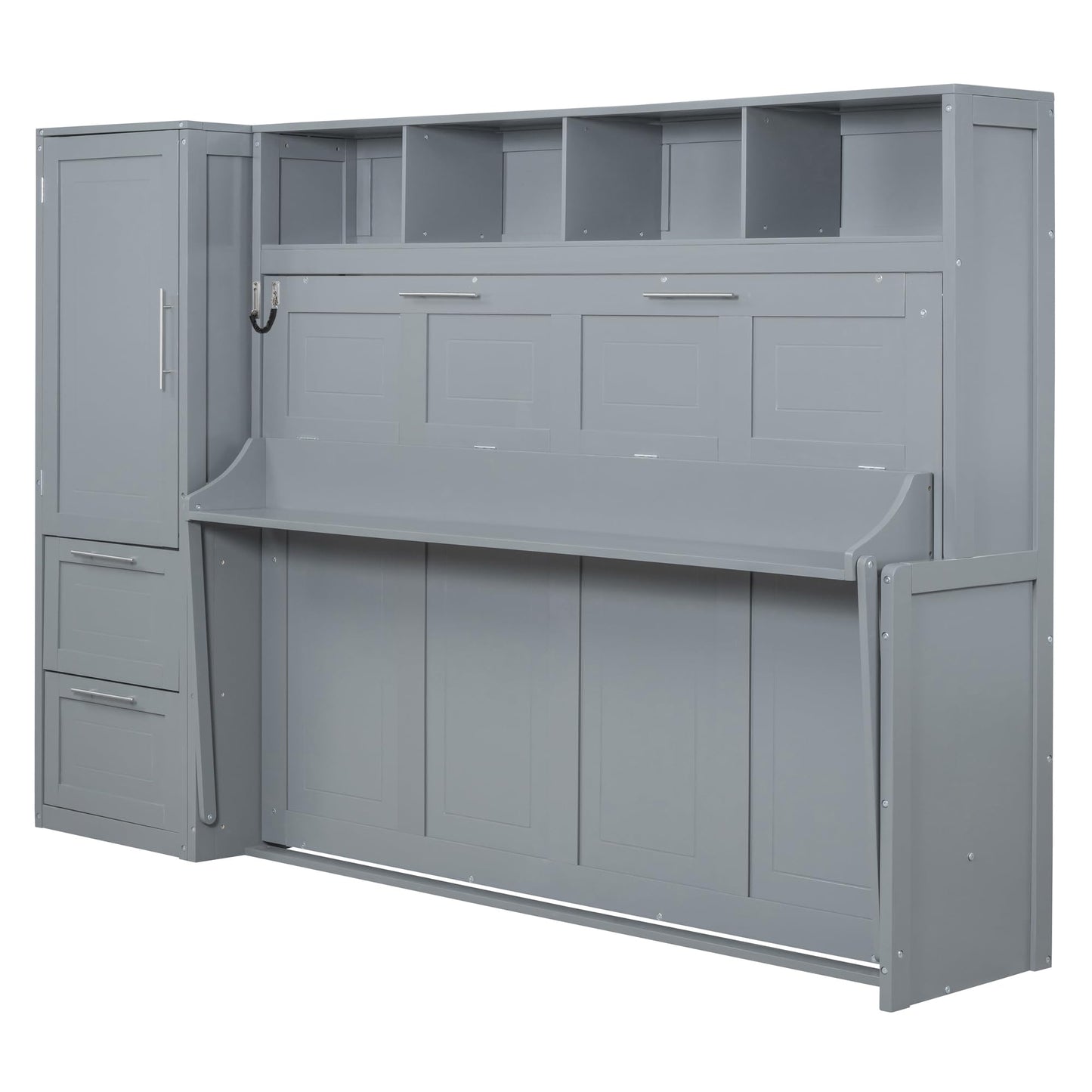 Ball & Cast Full Size Murphy Bed with Closet and 2 Drawers,Hidden Wall Bed with Storage Shelves,Multifunctional Foldable Platform Bed Frame for Samll Space,Bedroom,Guest Room,Easy Assembly,Gray