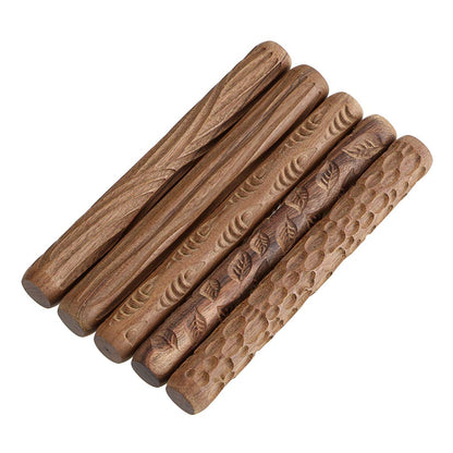 OwnMy Set of 5 Clay Modeling Pattern Rollers Kit, Fish Leaves Cobblestone Ripple Wood Grain Pattern 4.7 IN Clay Rolling Pin Textured Hand Roller Wooden Handle Pottery Tools Set