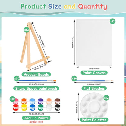 120pcs 8x10 Inch Painting Supplies Kit, 12Pack Art Canvas Bulk with Easel Stand, 12 Colors Mini Acrylic Paint Set, Small Paint Brushes, Paint Trays, Painting Kit