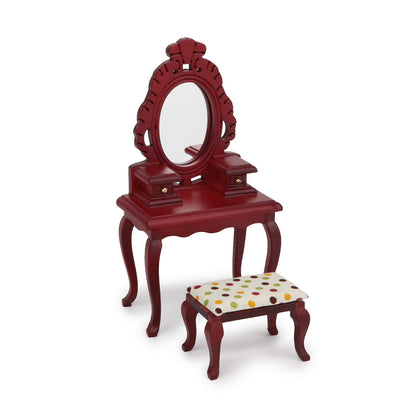 Dollhouse Makeup Vanity with Mirror & Stool 1/12 Miniature Makeup Furniture Set, Wooden Dressing Table Bedroom Dresser Table Doll House Toilet Table Accessorie (Red)
