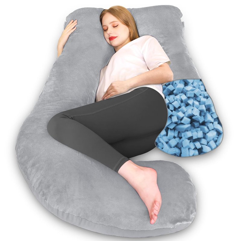 Chilling Home Memory Foam Pregnancy Pillow, J Shape Pregnancy Pillows for Sleeping, Body Pillow for Adults, Maternity Pillow for Pregnant Women, with Velvet Removable Cover, Light Grey