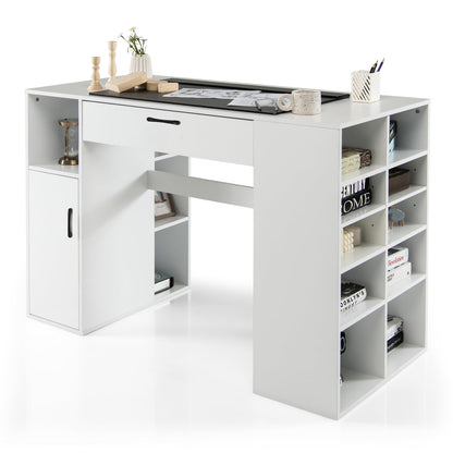 Giantex Craft Table with Storage, Artwork Sewing Table 14 Large & Small Storage Compartments, 1 Sliding Drawer, 1 Cabinet with 2 Shelves, 36'' Counter Height Drafting Writing Sewing Station Desk