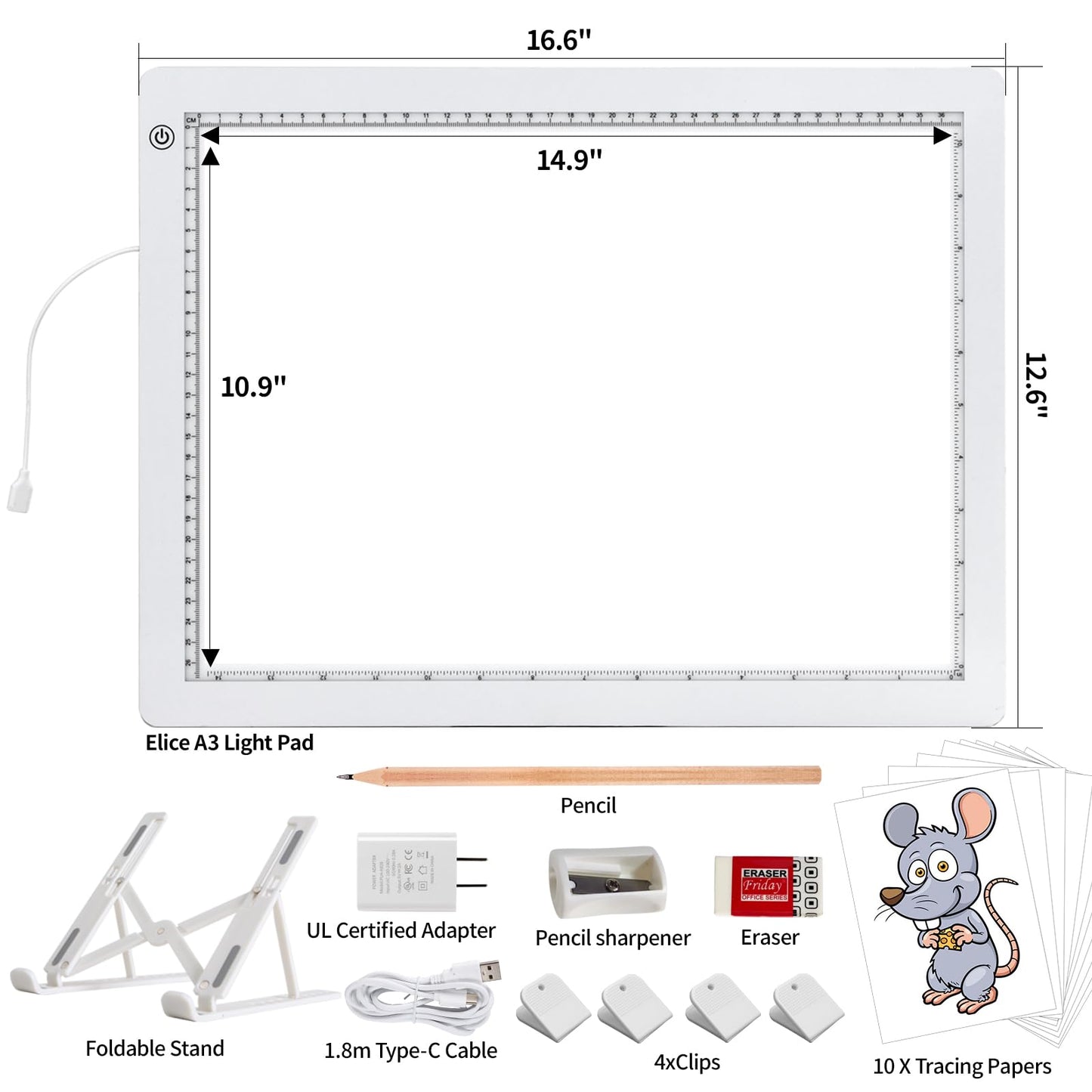 A3 LED Light Box for Tracing, elice Artist Drawing Lightbox Light Table Light Pad Light Copy Board, Up to 8000 Lux Super Bright Lightpad for Cricut Weeding Vinyl, Diamond Painting, Sketching (White)