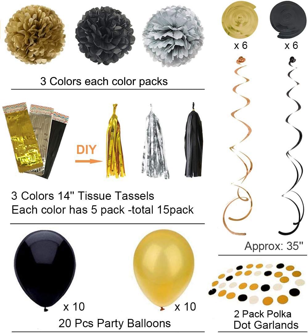 Black and Gold Party Decorations - DIY Tissue Paper Pom Poms, Balloons, and Garland