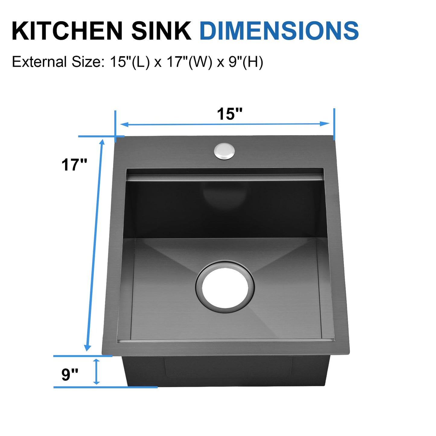 Scamall 15x17x9 Drop In Kitchen Sink Workstation, Nano Black 304 Stainless Steel Deep Single Bowl with Quick Drainage & Tarnish-Free Surface for Bar, Laundry, RV, Includes Accessories