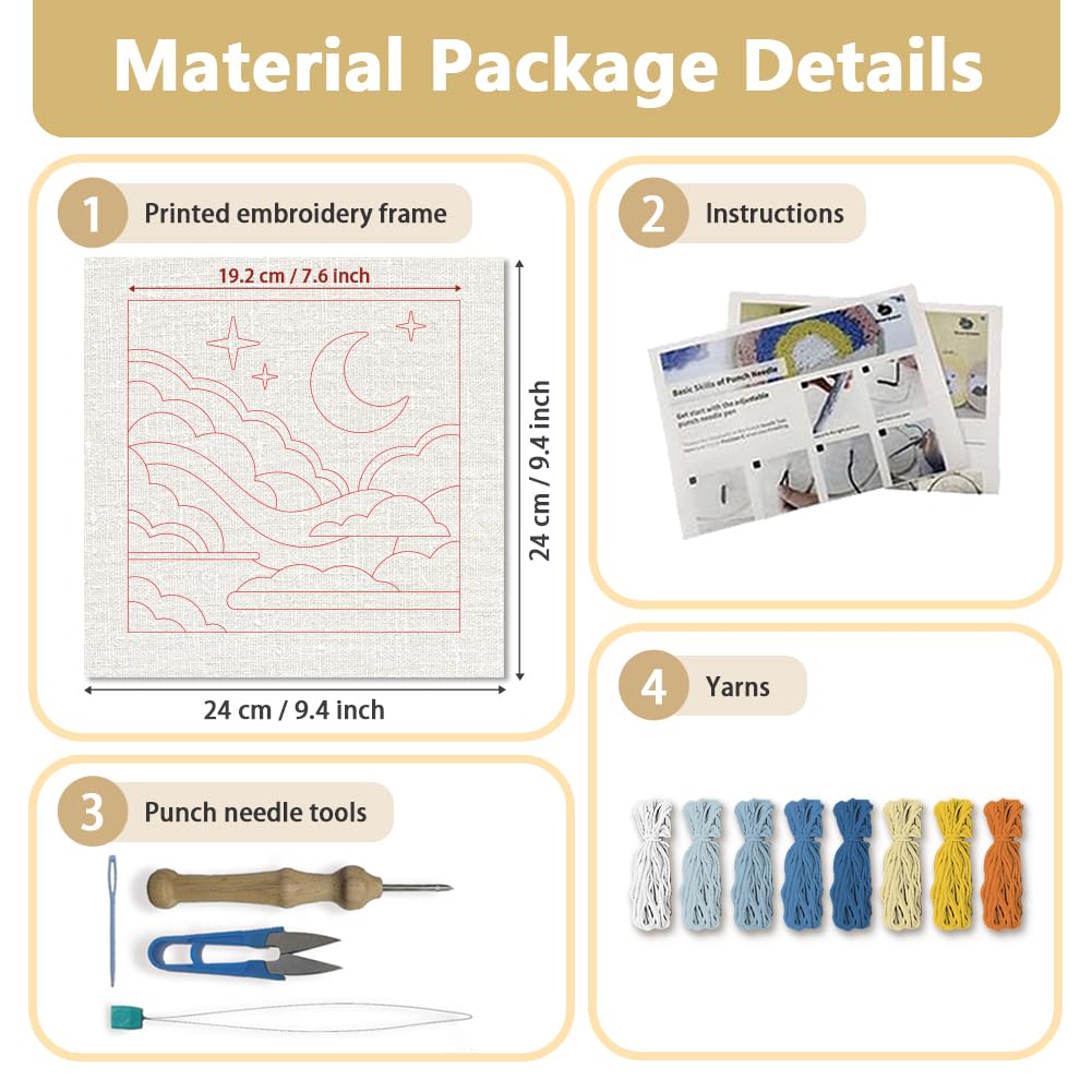 Doodlream Sea of Clouds DIY Punch Needle Embroidery Kit for Adult Beginner, 9.4" Clouds Moon Punch Stitching Craft Set for Starter with Frame,Fabric Pattern,Threader, Yarn, Pinch Needle