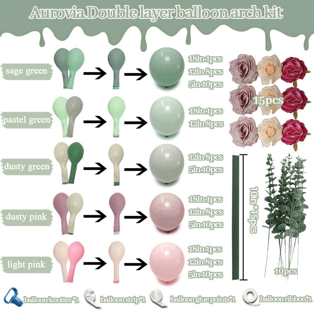 Pink Green Balloon Arch with Artificial Flowers Double Stuffed Dusty Light Pink Sage Green Balloon Garland Kit Eucalyptus Leaves for Baby in Bloom Birthday Bridal Shower Wildflower Party Decorations