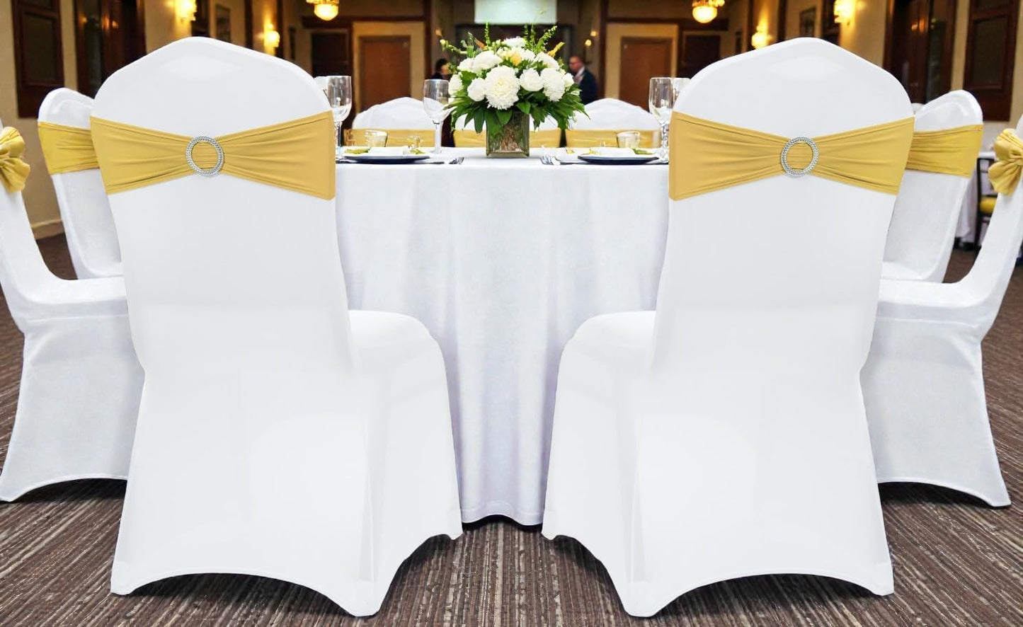 MDS Spandex Chair Sashes - Premium Stretch Covers with Buckle Slider for Weddings & Events | Gold, Pack of 50
