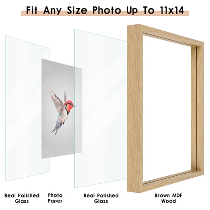 MUYE 11x14 Floating Frame Set of 2,Double Glass Rustic Frame,Display Any Size Photo up to 11x14,Wall Mount or Tabletop Standing,Natural