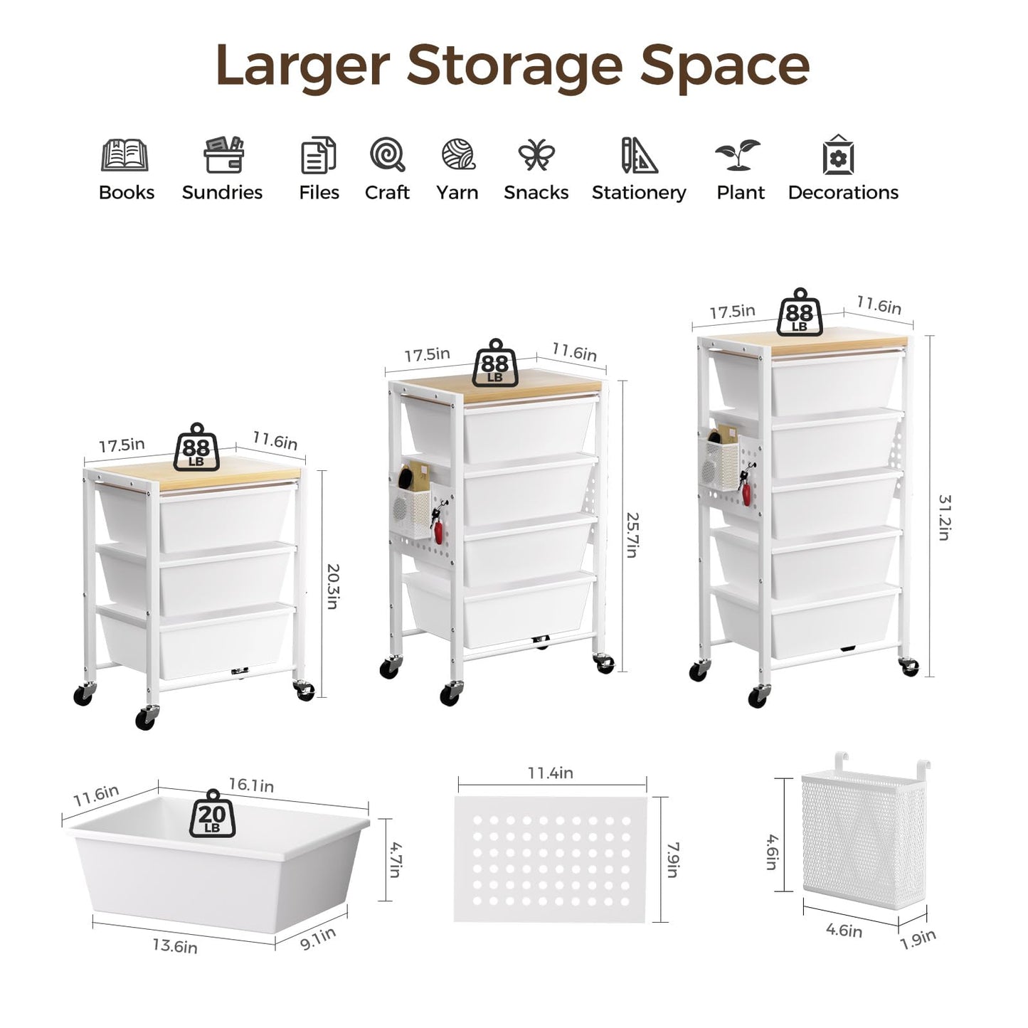 Rolling Cart with 5 Drawers, Plastic Drawer Storage Carts with Wheels & Wooden Tabletop, Metal Utility Cart with Pegboards, Office Living Room Classroom Craft Organization and Storage, Bright White