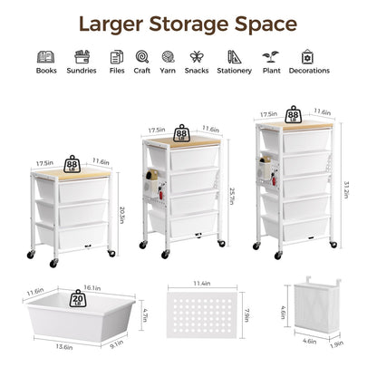 Rolling Cart with 5 Drawers, Plastic Drawer Storage Carts with Wheels & Wooden Tabletop, Metal Utility Cart with Pegboards, Office Living Room Classroom Craft Organization and Storage, Bright White