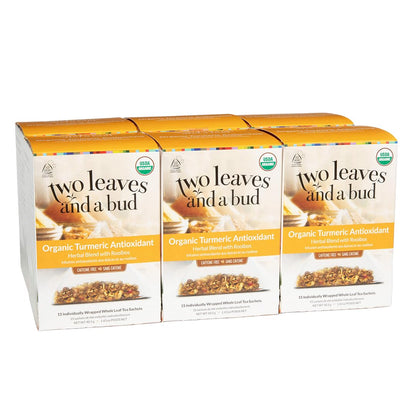 Two Leaves and a Bud Organic Turmeric Tea, Naturally Caffeine Free, Whole Leaf Herbal Tea in Sachets, 15 Count (Pack of 6)