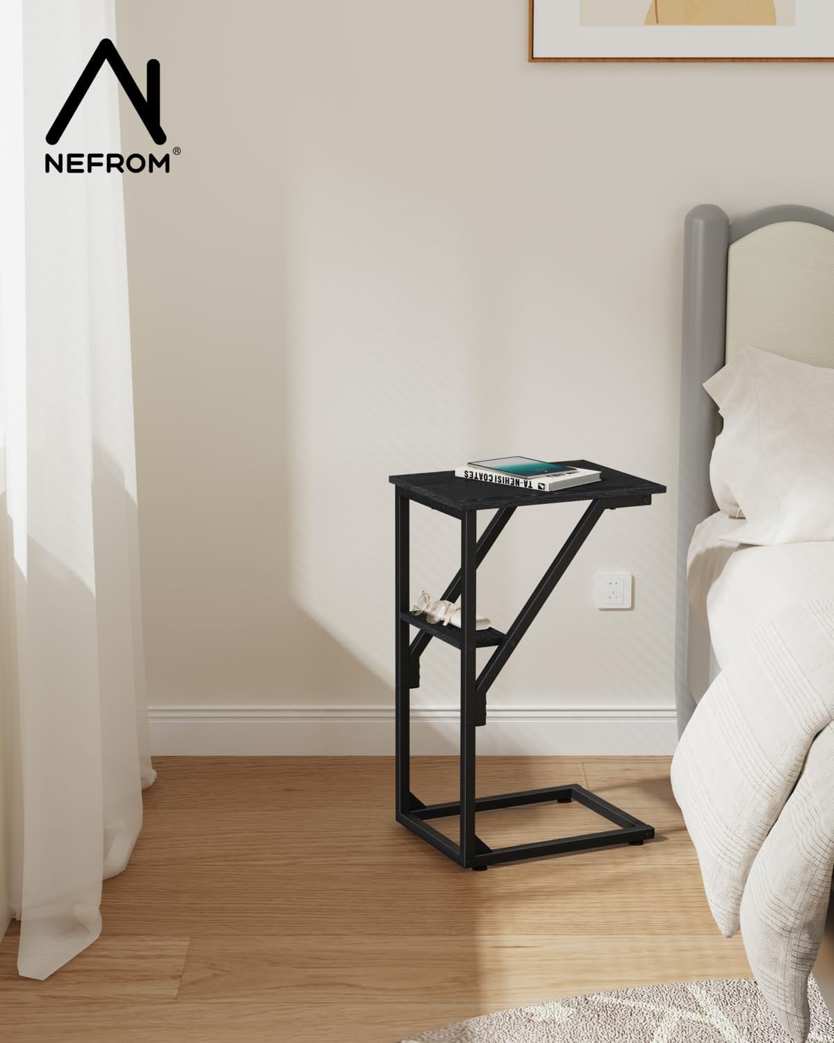 NEFROM Set 2, ET-D-BK2 C-Shaped End Tables, Sofa TV Trays of Small Couch Side Table for Living Room, Bedroom, Bedside