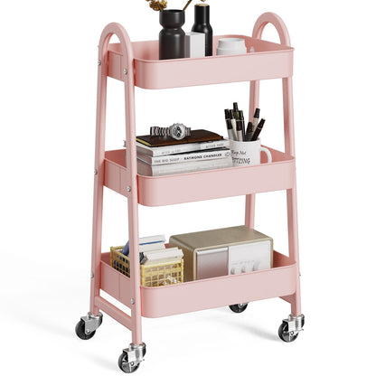 OLIXIS Metal 3 Tiers Utility Rolling Cart, Mobile Storage Shelf with Lockable Caster Wheels, Organization for Livingroom, Bathroom & Narrow Places, Pink