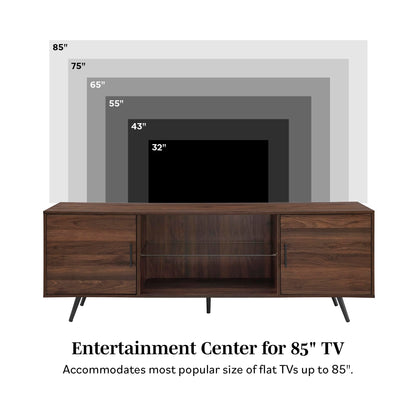 Walker Edison Saxon Mid Century Modern 2 Door Glass Shelf TV Stand for TVs up to 80 Inches, 70 Inch, Dark Walnut