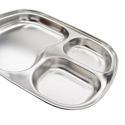 Korean Stainless Steel Divided Plates, Kids Toddlers Babies Tray, BPA Free, Diet Food Control, Camping Dishes, Compact Serving Platter, Dinner Snack, 3 Compartment Plate Silver, Set of 2