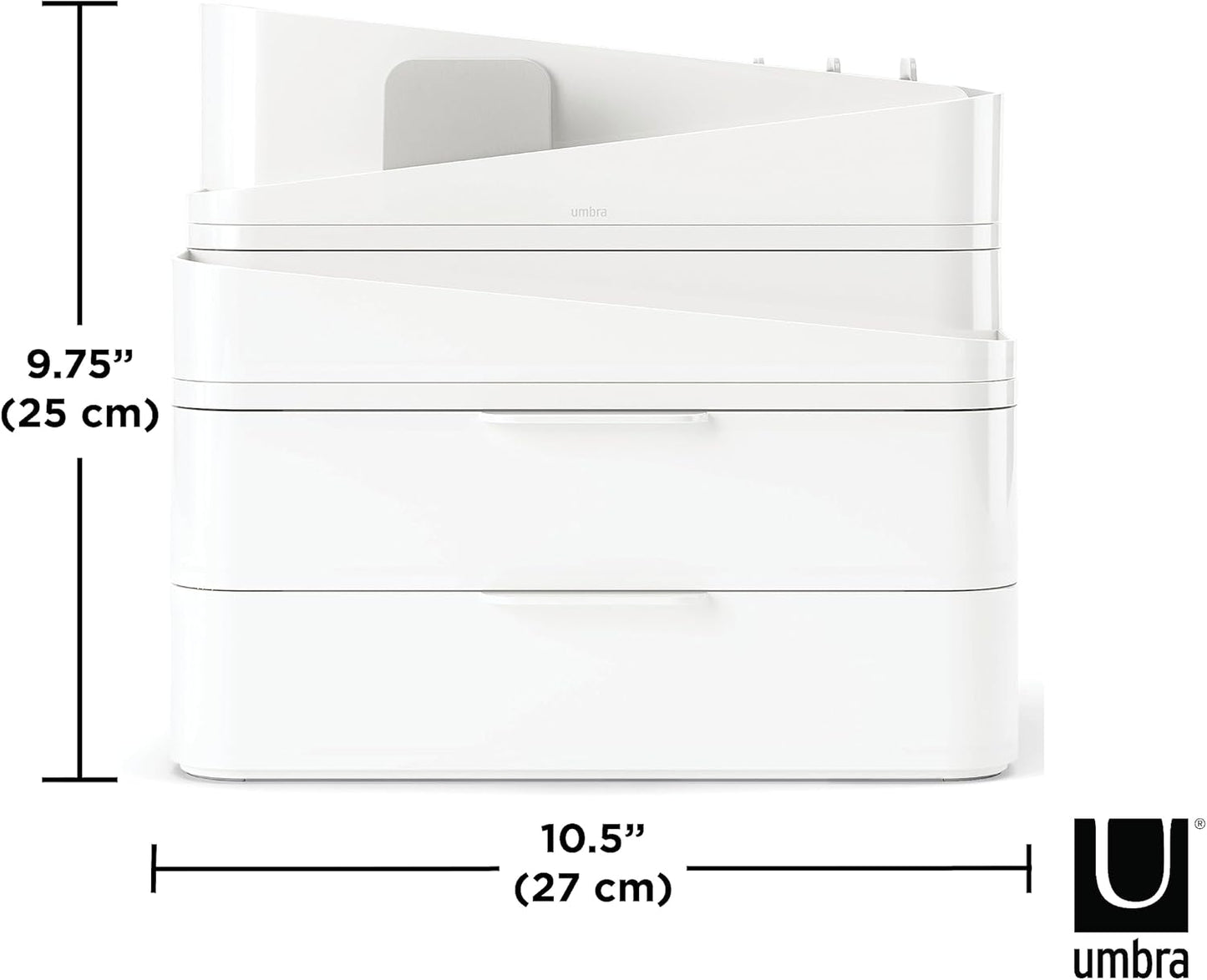 Umbra Glam Organizer, Large Makeup Organizer with Three Drawers, Rubber Feet and Removable Dividers, White/Grey
