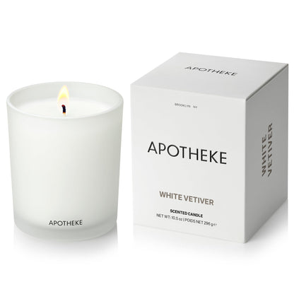 Apotheke Signature Scented Candles for Home, White Vetiver - 10.5 oz - Soy Wax, Non Toxic, Large Jar White - Luxury Candle Gifts for Women & Men - Sandalwood, Eucalyptus, and Vetiver