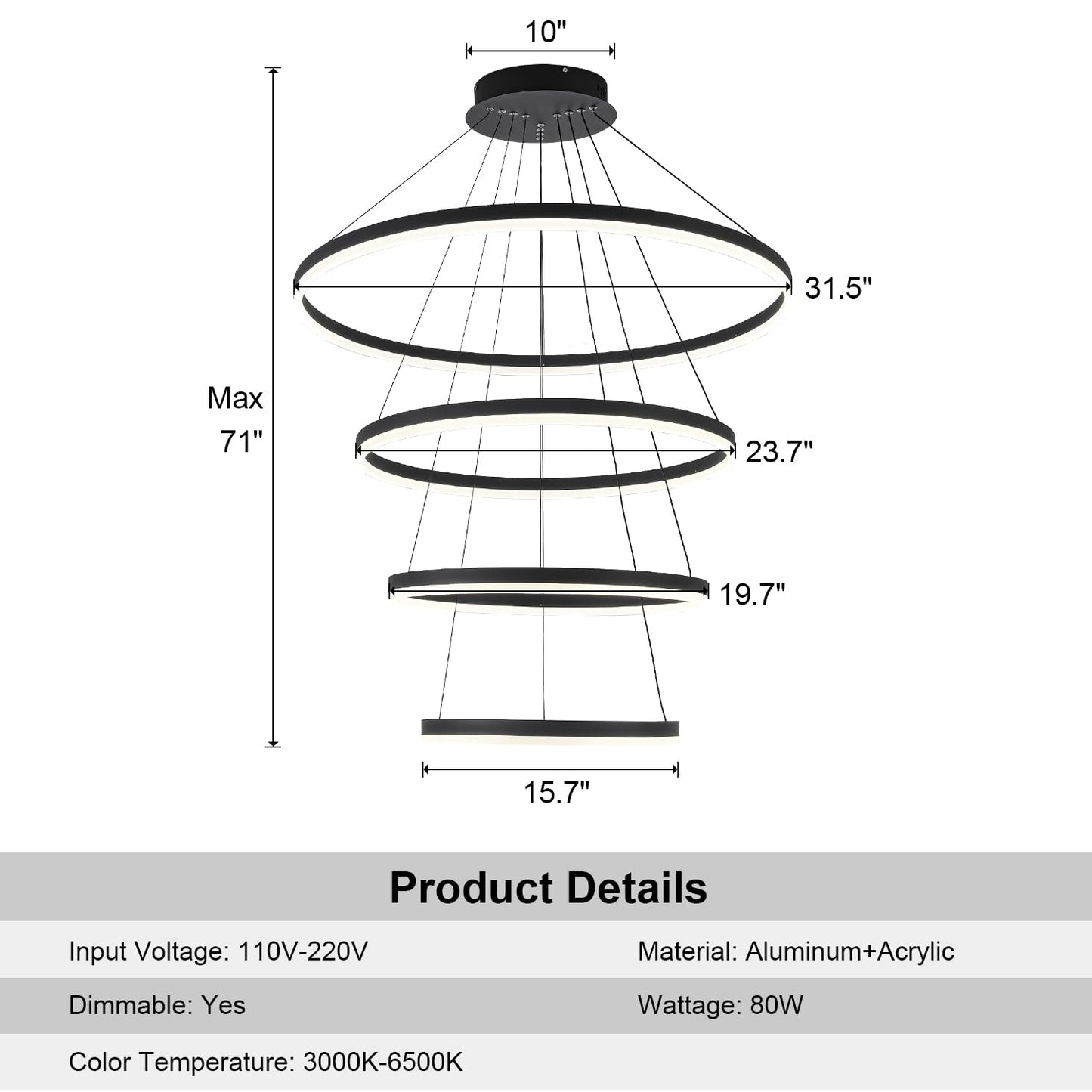 XGZL · LIGHTING 4-Rings Modern LED Chandelier Black Contemporary for Living Room, Dimmable Flush Mount High Ceiling Pendant Light with Remote Control for Staircase Dining Room(D31.5’’, 3000K-6500K)