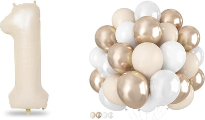 Number 1 Balloon - 40 Inch Gold Foil with 60 Pcs White & Nude Cream Confetti Balloons | Perfect for 1st Birthday & Boho Weddings