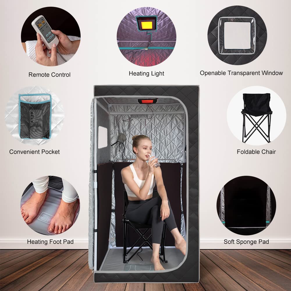 Smartmak Portable Infrared Home Sauna, Full Size Personal Sauna Spa, Indoor Saunas with Heating Foot Pad and Upgraded Chair for Relaxation（33.9" L*33.9" W*66.6" H, BlackGrey）