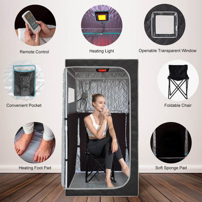 Smartmak Portable Infrared Home Sauna, Full Size Personal Sauna Spa, Indoor Saunas with Heating Foot Pad and Upgraded Chair for Relaxation（33.9" L*33.9" W*66.6" H, BlackGrey）