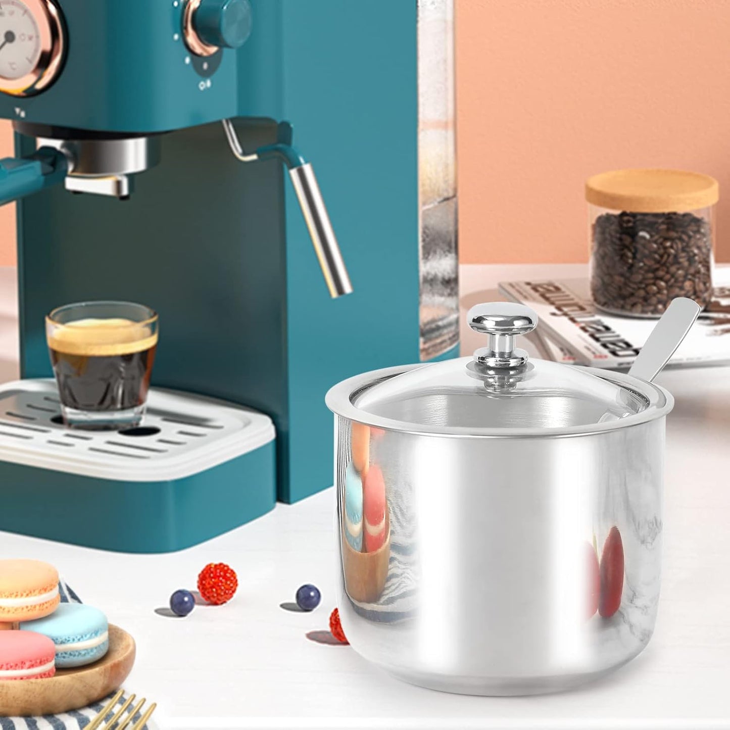 Stainless Steel Sugar Bowl with Clear Lid and Spoon, Polished Shiny Condiment Pot for Serving Sugar, Pepper, Salt,