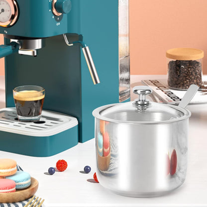 Stainless Steel Sugar Bowl with Clear Lid and Spoon, Polished Shiny Condiment Pot for Serving Sugar, Pepper, Salt,