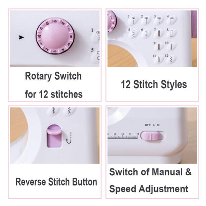 Dechow Sewing Machine for Beginners, Electric Mini Portable, 12 Built-in Stitches with Reverse Sewing, 2 Speeds Double Thread with Foot Pedal, Storage Bag, Cotton Fabric and Threads(Purple)