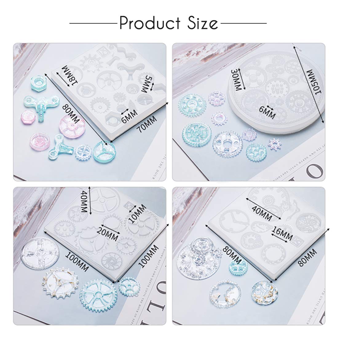 FineInno 4PCS Gear Resin Mold,Steampunk Silicone Molds for Epoxy Resin,Jewelry Casting Mould DIY Pendant, Clay, Craft,Chocolate,Cake,Fondant