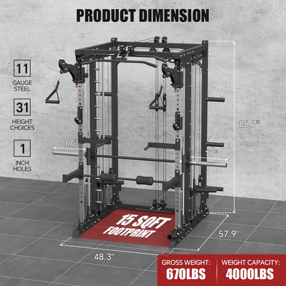 FAGUS H Black Commercial Smith Machine with Smith Bar, 4000LB Power Cage Squat Rack with Lever Arm, Leg Press, LAT Pull Down System, Multi-Function Linear Bearing Cable Crossover Machine for Home Gym