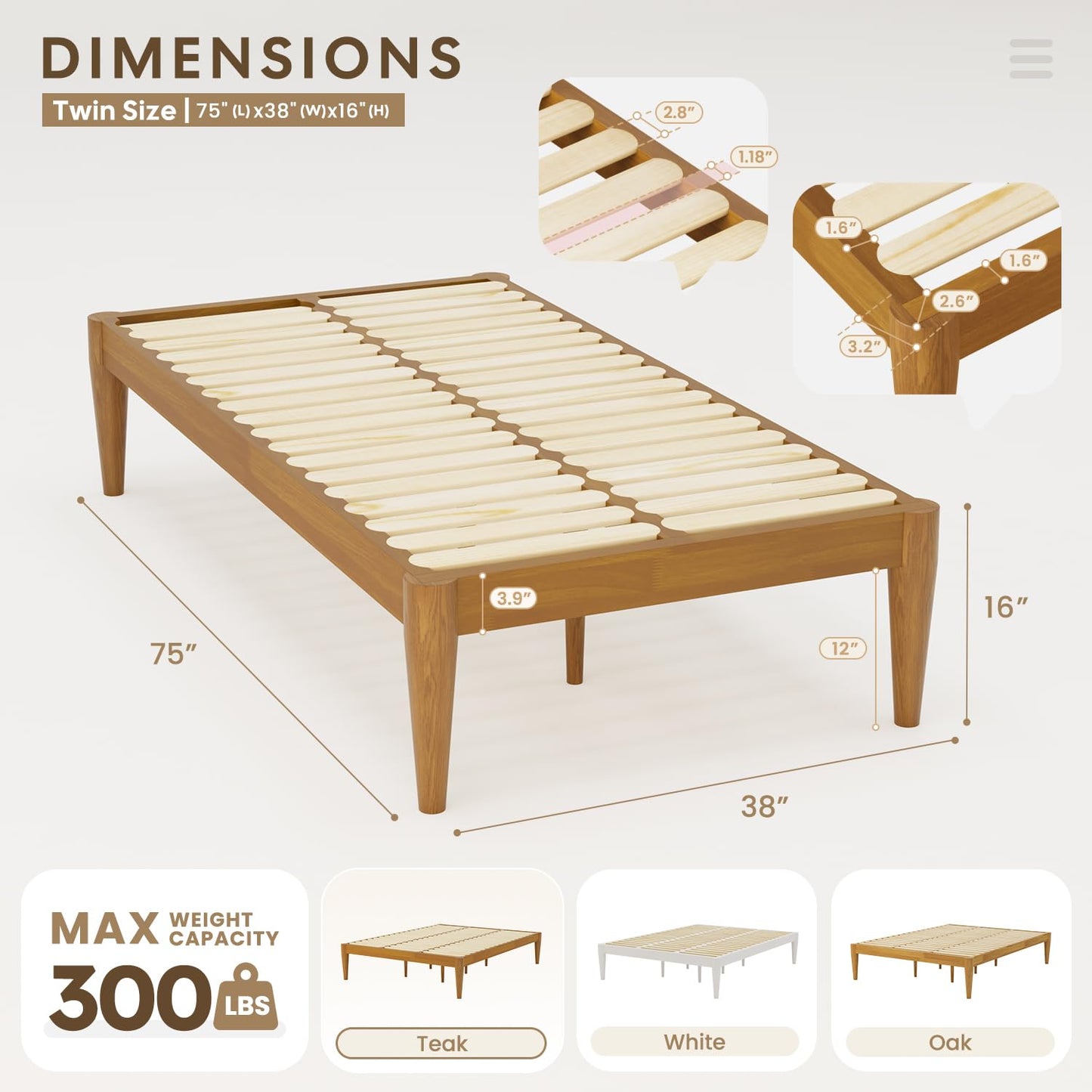 IOTXY Twin Platform Bed Frame - Solid Wood 16-Inch Height Mattress Foundation Base with Densely Slats and Heavy-Duty Support Legs, No Box Spring Needed, Teak