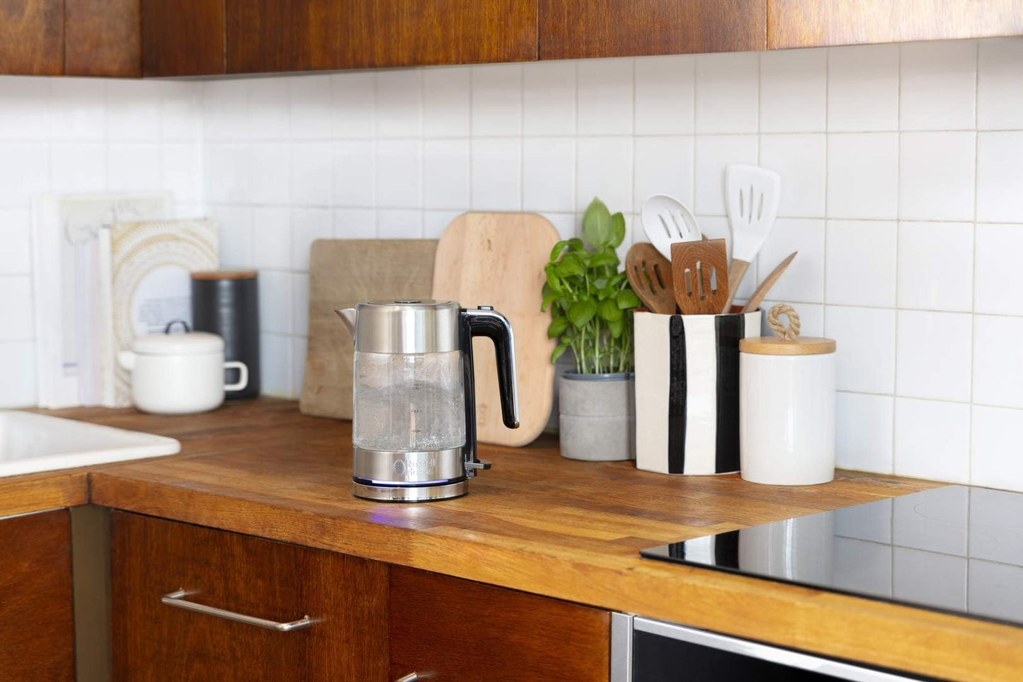 Russell Hobbs Kettle Glass & Stainless Steel Small [0.8 L] Compact (2200 W, Blue LED Lighting, Removable Limescale Filter, Small Travel Kettle) Tea Maker 24190-70