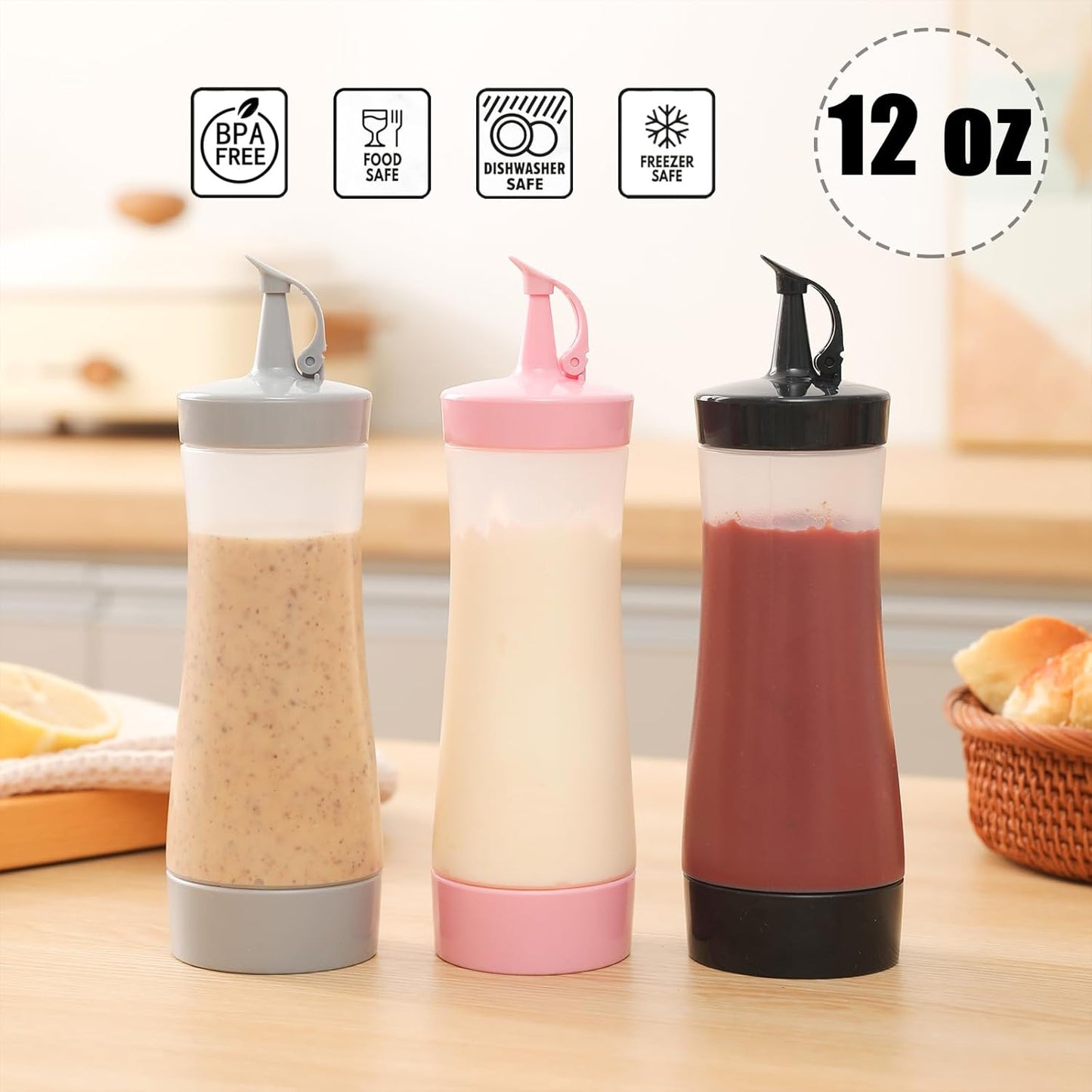 Qiuhome 12 oz (8 Pack, Condiment Squeeze Bottles Sauces Ketchup Bottles Squeeze Bottles Liquids, Oil - Gray)