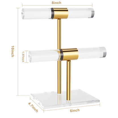 Jolboldy Necklace Holder Bracelet Holder, 2-Tier Acrylic Jewelry Display Stand Gold Jewelry Tower Stand Crystal T Bar Jewelry Organizer Gift for Women(2-Tier 1pc)